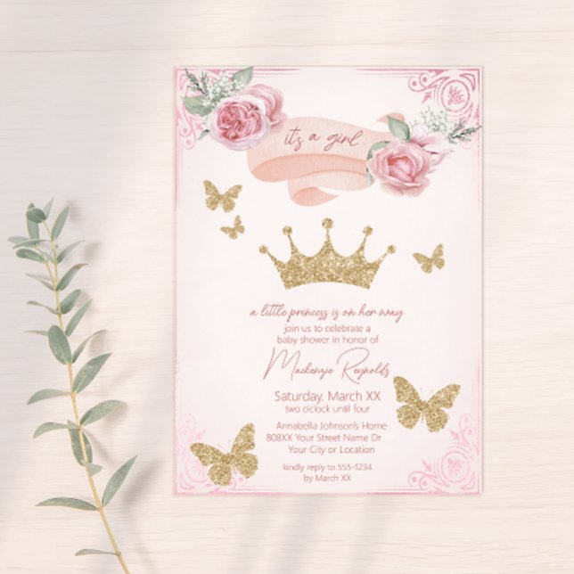Gold Tiara & Butterfliegen Princess Baby Shower Einladung (Von Creator hochgeladen)