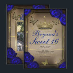 Gold Tiara Butterflies Blue Rose Sweet 16 Einladung<br><div class="desc">Passen Sie Ihre woll-Möglichkeiten an. Ersetzen Sie das Foto auf der Rückseite durch Ihr eigenes Foto oder entfernen Sie das Foto zusammen.</div>
