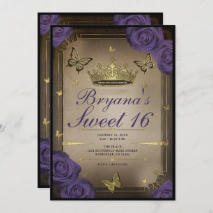 Gold Tiara Butterflies Lila Rose Sweet 16 Foto Einladung