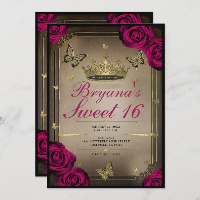 Gold Tiara Butterflies Magenta Rose Sweet 16 Einladung (Vorne/Hinten)