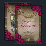 Gold Tiara Butterflies Magenta Rose Sweet 16 Einladung<br><div class="desc">Passen Sie Ihre woll-Möglichkeiten an. Ersetzen Sie das Foto auf der Rückseite durch Ihr eigenes Foto oder entfernen Sie das Foto zusammen.</div>