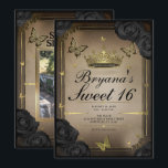 Gold Tiara Butterflies Schwarze Rose Sweet 16 Foto Einladung<br><div class="desc">Passen Sie Ihre woll-Möglichkeiten an. Ersetzen Sie das Foto auf der Rückseite durch Ihr eigenes Foto oder entfernen Sie das Foto zusammen.</div>