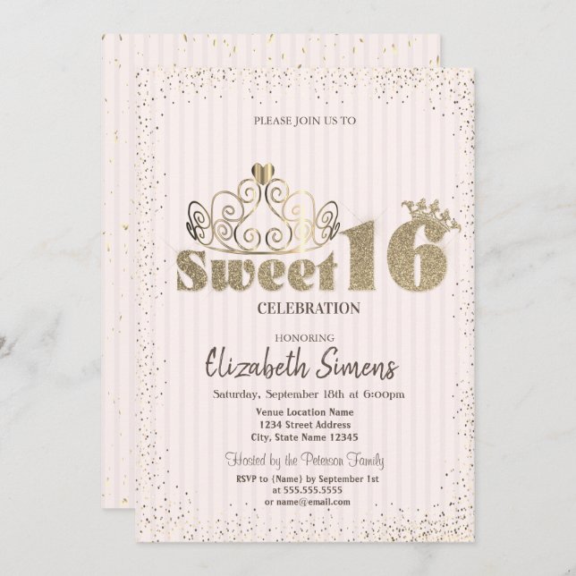 Gold Tiara Confetti Princess Striped Sweet 16 Einladung (Vorne/Hinten)