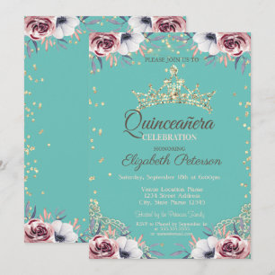 Gold Tiara, Diamanten Blume Minze Grün Quinceañera Einladung
