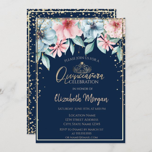 Gold Tiara, Diamanten, Blumenquinceñera Einladung (Vorne/Hinten)