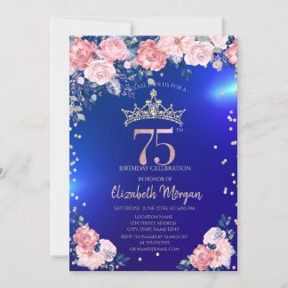 Gold Tiara Diamonds Blume Blue 75. Geburtstag Einladung