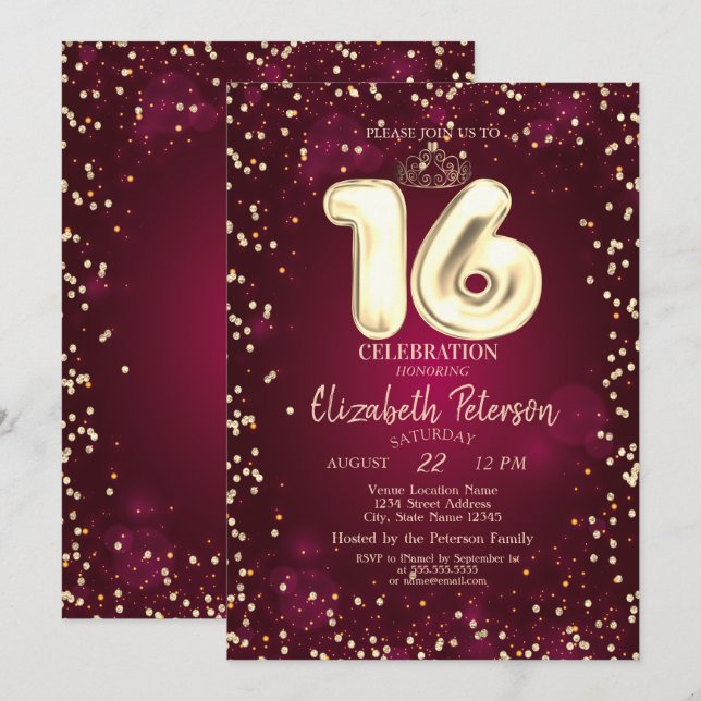 Gold Tiara, Diamonds Burgundy Sweet 16 Party Einladung (Vorne/Hinten)