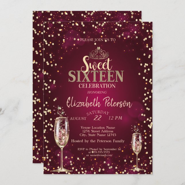 Gold Tiara, Diamonds Champagne Glass Sweet 16 Einladung (Vorne/Hinten)