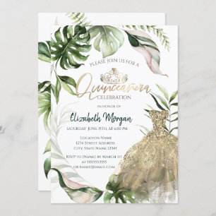 Gold Tiara Dress Tropical Blätter Quinceañera Einladung