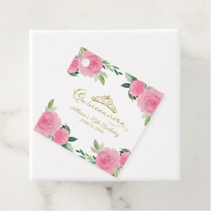 Gold Tiara Hot Pink Floral Quinceanera Geschenkanhänger