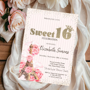 Gold-Tiara,Konfetti,Eiffelturm Streifen Sweet 16 Einladung