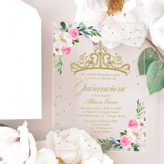 Gold Tiara Pink Blume Quinceañera Acryleinladungen