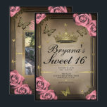 Gold Tiara Schmetterlinge Rosen Sweet 16 Foto Einladung<br><div class="desc">Passen Sie Ihre woll-Möglichkeiten an. Ersetzen Sie das Foto auf der Rückseite durch Ihr eigenes Foto oder entfernen Sie das Foto zusammen.</div>