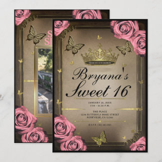 Gold Tiara Schmetterlinge Rosen Sweet 16 Foto Einladung