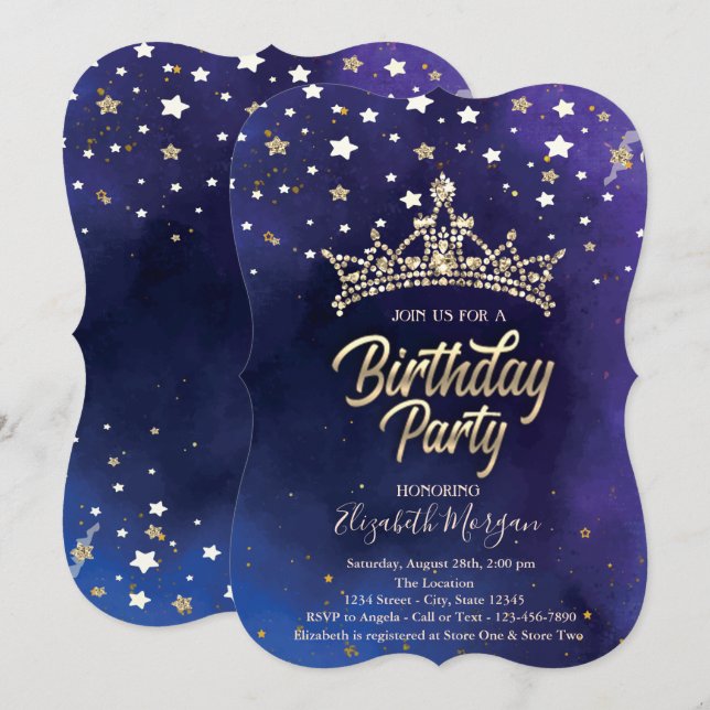 Gold Tiara Stars Blue Birthday Party Einladung (Vorne/Hinten)