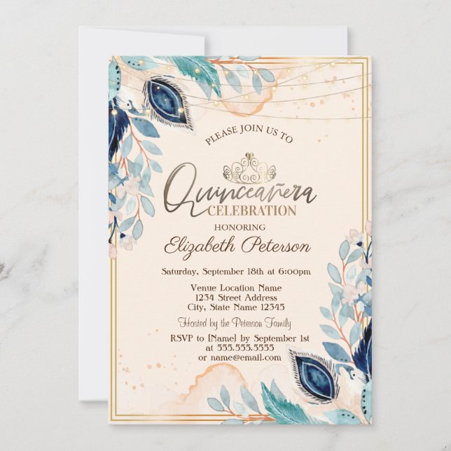 Gold Tiara, String Lights Blume Quinceañera Einladung (Vorderseite)