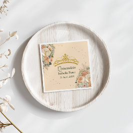 Gold Tiara und Peach Fuzz Floral Quinceanera Serviette
