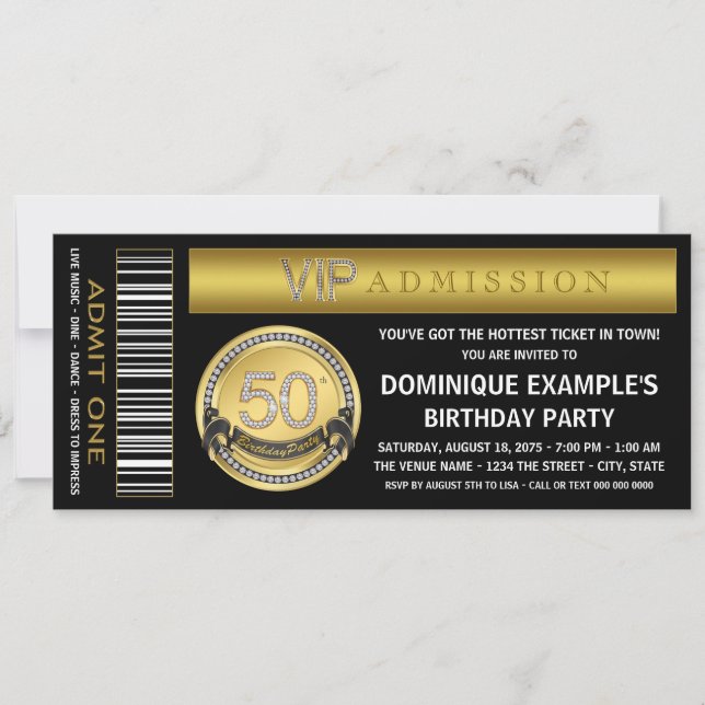 Gold Ticket 50. Geburtstagsparty Einladung (Vorderseite)