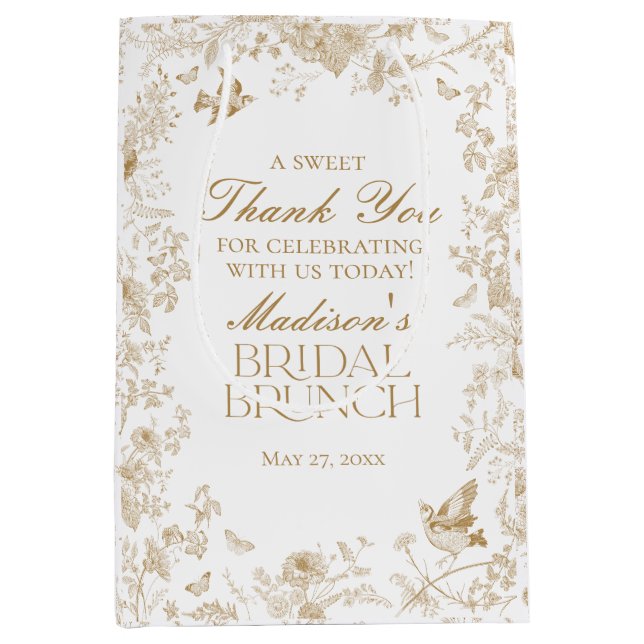 Gold Toile De Jouy Floral Bridal Brunch Favoriten Mittlere Geschenktüte (Vorderseite)