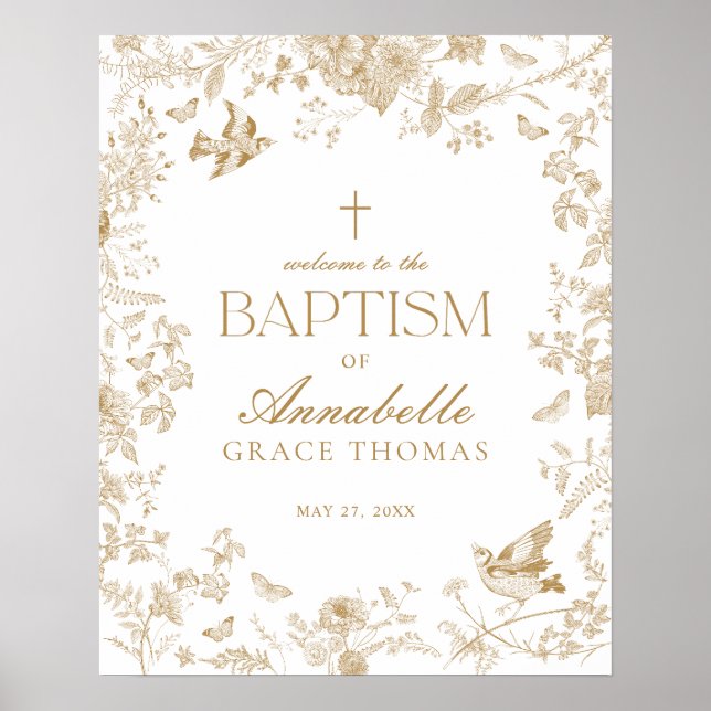 Gold Toile De Jouy Floral Taufe Begrüßungszeichen Poster (Vorne)