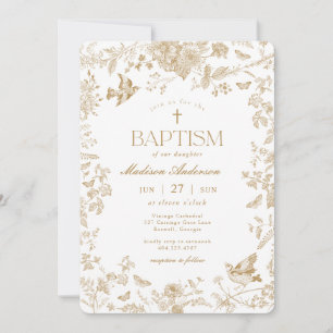 Gold Toile De Jouy Französisches Blumen-Baptismal- Einladung
