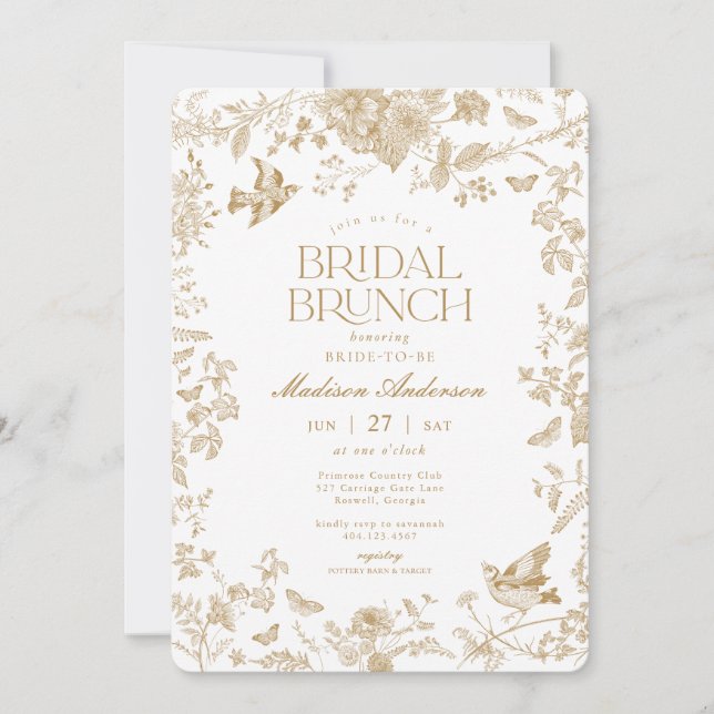 Gold Toile De Jouy French Floral Bridal Brunch Einladung (Vorderseite)