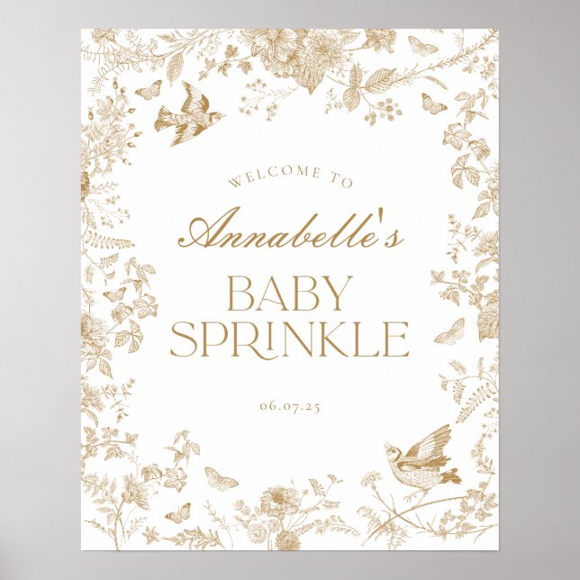 Gold Toile Jouy Floral Baby Sprinkle Begrüßungszei Poster (Vorne)