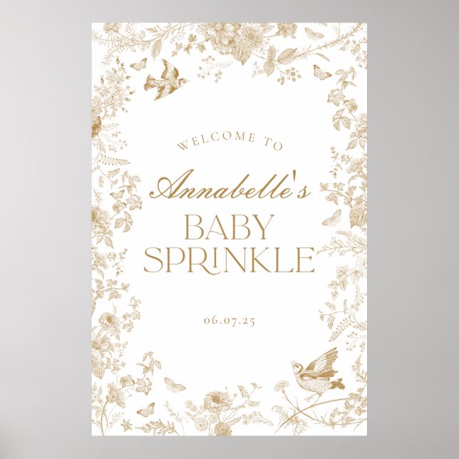 Gold Toile Jouy Floral Baby Sprinkle Begrüßungszei Poster (Vorne)