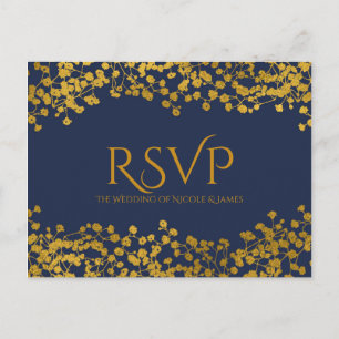 Gold-Ton-Babys Atem Blau Elegante Blumen-RSVP Einladungspostkarte