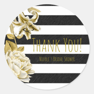 Gold-Ton-Blumenmuster-schwarz-weiß-gestreifte Gesc Runder Aufkleber