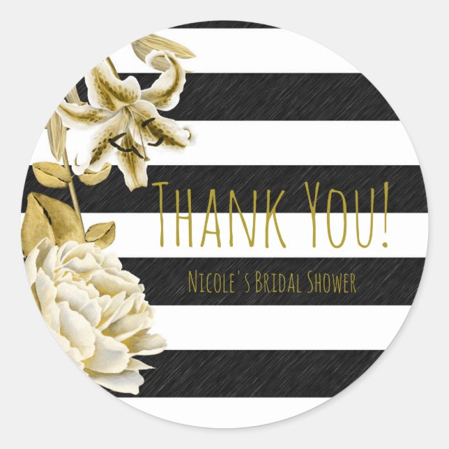 Gold Tone Bläserschwarz & Weiß Streifen Gefallen Runder Aufkleber (Vorderseite)