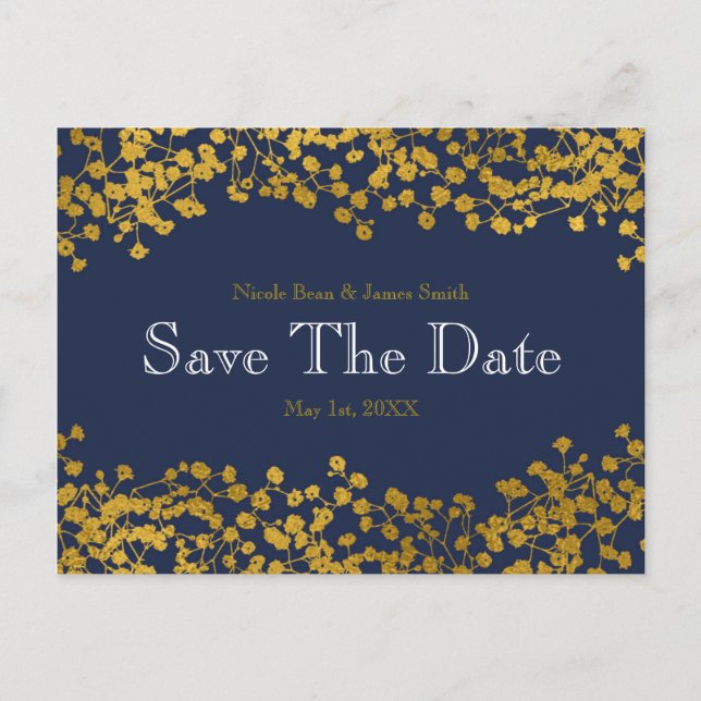 Gold Tone Gipskraut Blau Save the Date Ankündigungspostkarte (Vorderseite)