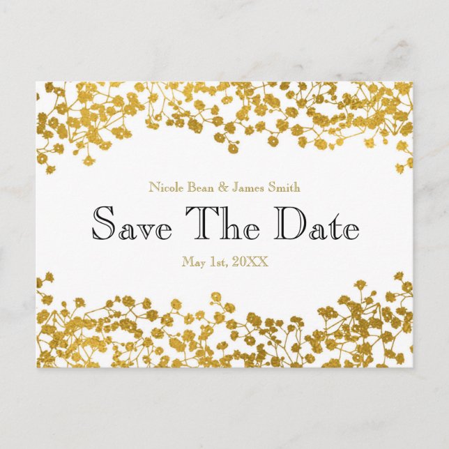 Gold Tone Gipskraut Save the Date weiß Ankündigungspostkarte (Vorderseite)