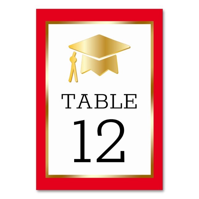 Gold Tone Grad Cap auf Red Classy Abschluss Table Tischnummer (Vorderseite)