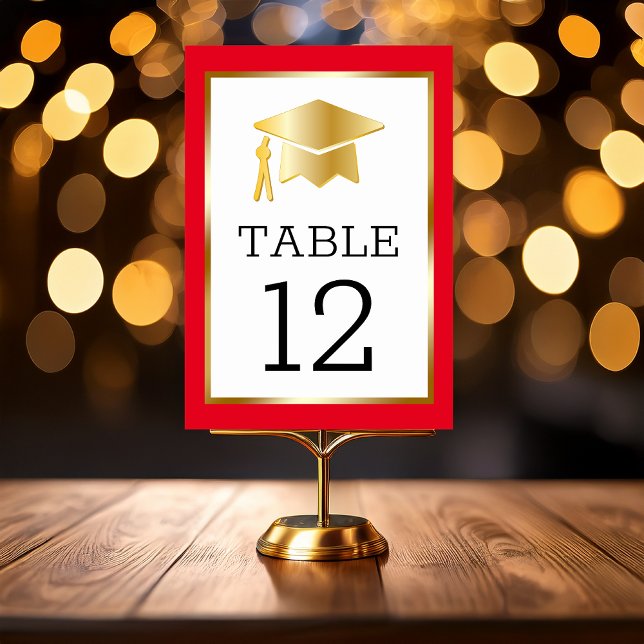 Gold Tone Grad Cap auf Red Classy Abschluss Table Tischnummer (Gold Tone Grad Cap Graduation Table Number Cards with Black Text - Red  Printed Frame)