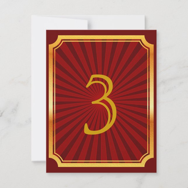 Gold Tone & Red Art Deco Tischnummer Card (Vorderseite)