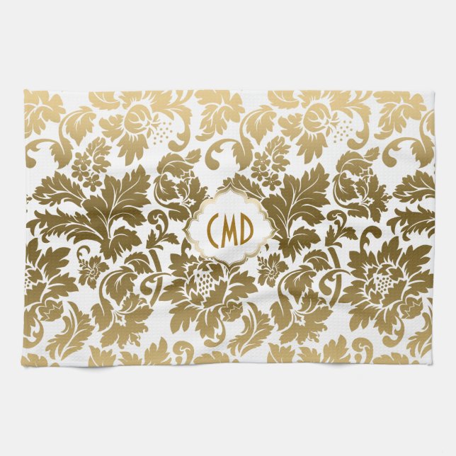 Gold Tones Floral Damask Monogramiert Geschirrtuch (Horizontal)
