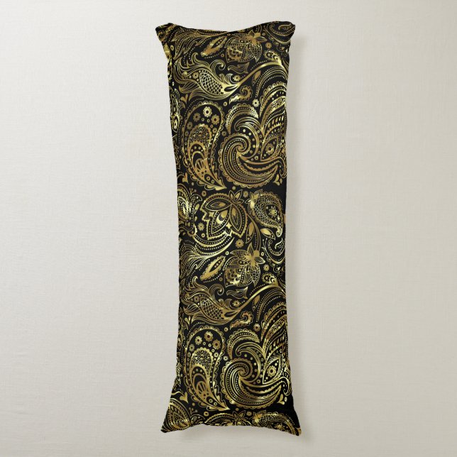 Gold Tones floral Paisley Leder Black Background Seitenschläferkissen (Vorderseite Vertikal)