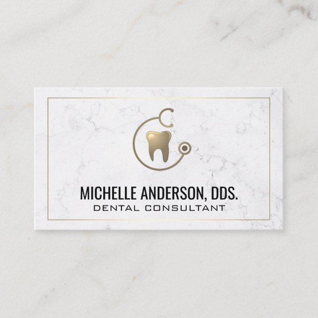 Gold Tooth Stethoscope Logo | Marble Business Card Visitenkarte (Vorderseite)