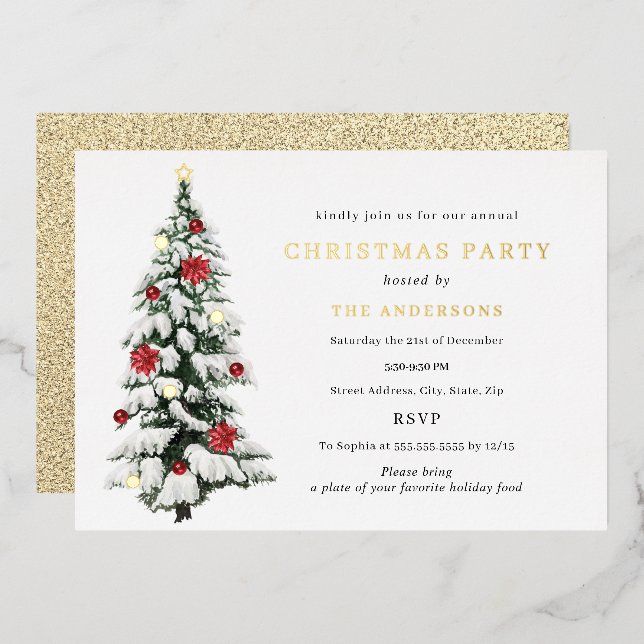 Gold Traditionelle Aquarellbaum Weihnachtsweihnach Folieneinladung (Vorderseite/Rückseite)