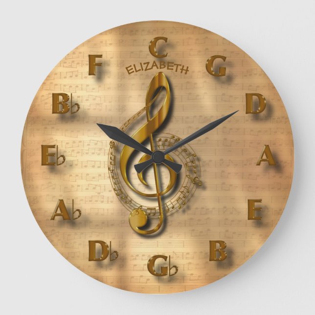 Gold Treble Clef Uhr mit Kreis der Fünftel-Musik (Vorderseite)