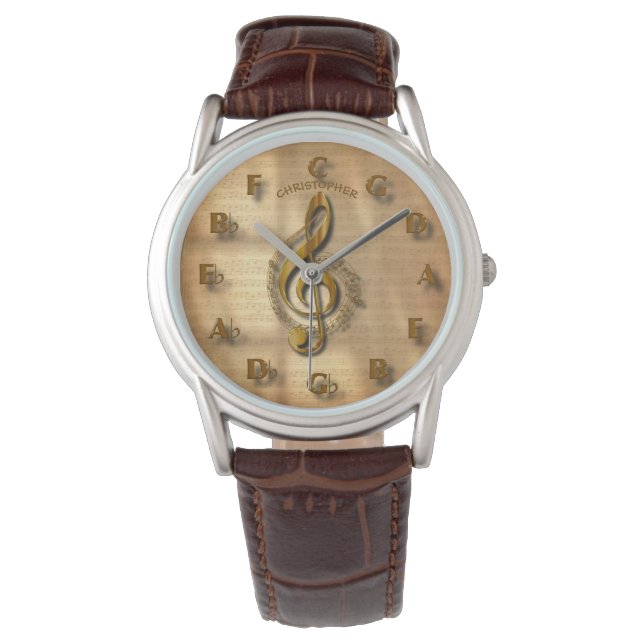 Gold Treble Clef Uhr mit Kreis der Fünftel-Musik (Vorderseite)