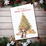 Gold Tree Boston Terrier Welppy Christmas Card Feiertagskarte<br><div class="desc">An der Vorderseite dieser Weihnachtskarte trägt ein bezaubernder Boston Terrier Welpe einen rot-weißen Weihnachtshut, während er vor einem Holiday Baum sitzt. Der Baum ist in Gold dekoriert, und passende Geschenkpakete sind darunter. Der rote und goldene Text sagt "Wünscht euch ein NUR CHRISTMAS". In Textfeldern, die Sie nach Belieben anpassen können....</div>
