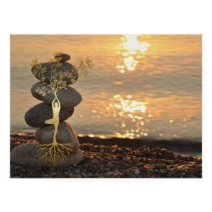 Gold Tree Girl Silhouette Zen Stones, Sonnenunterg Poster