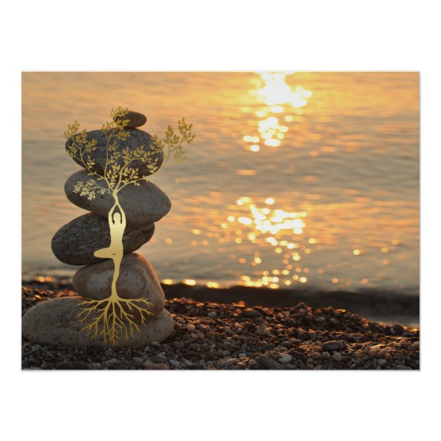 Gold Tree Girl Silhouette Zen Stones, Sonnenunterg Poster (Vorderseite)