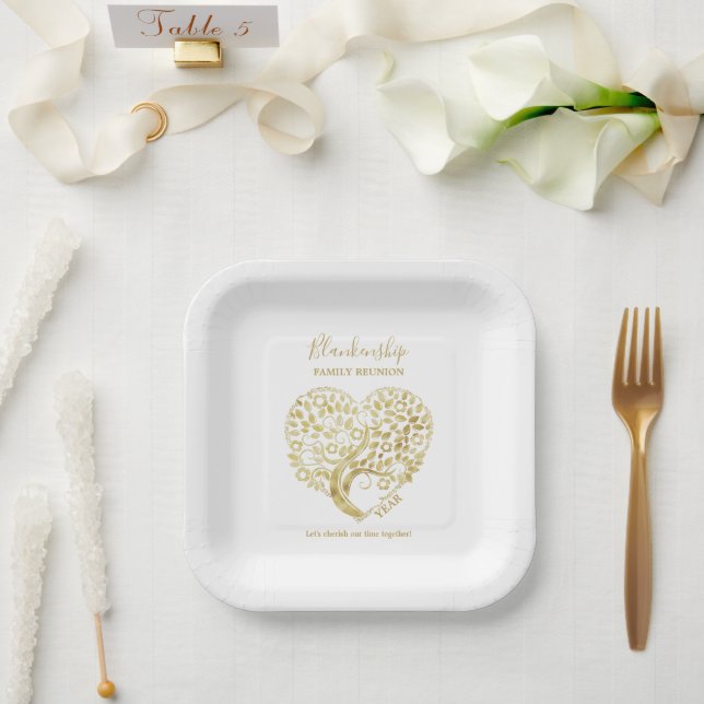Gold Tree Heart Family Wiedersehen Personalisiert Pappteller (Hochzeit)