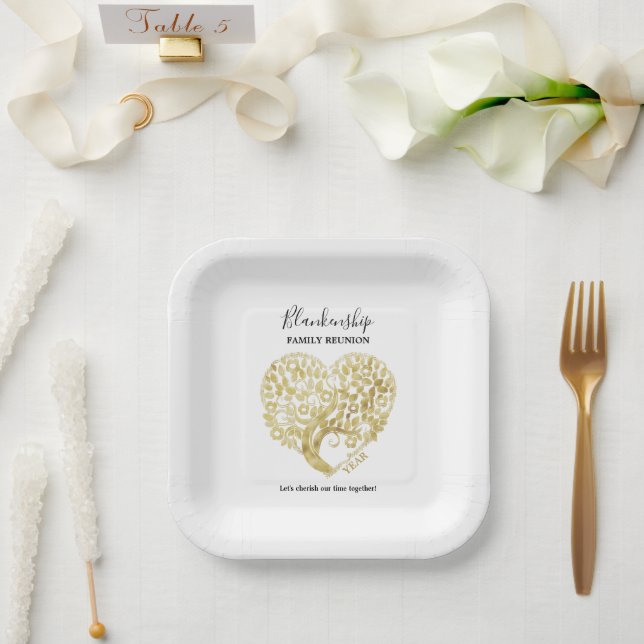 Gold Tree Heart Family Wiedersehen Personalisiert Pappteller (Hochzeit)