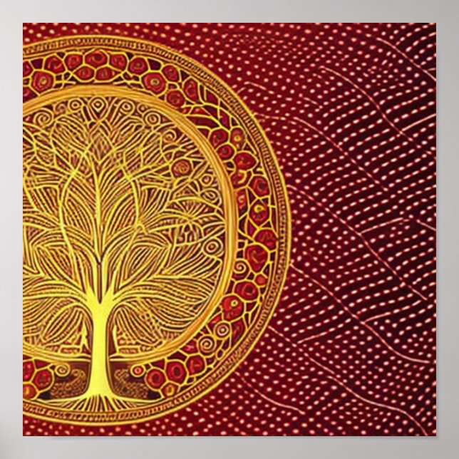 Gold Tree on Red Background Poster (Vorne)