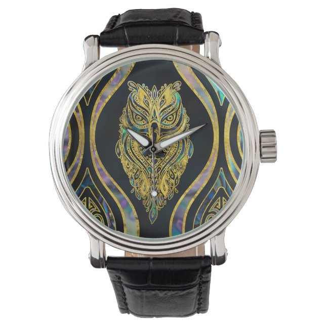 Gold Tribal Owl auf Boho Abalone Muster Armbanduhr (Vorderseite)