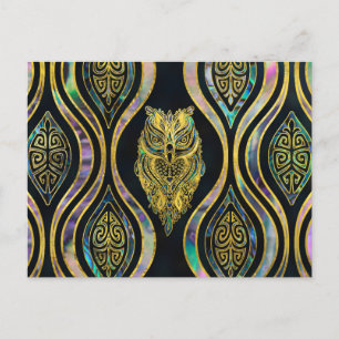 Gold Tribal Owl auf Boho Abalone Muster Postkarte